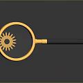 Shiny Golden Magnifying Glass With Metal Gear On Dark Reflective Surface