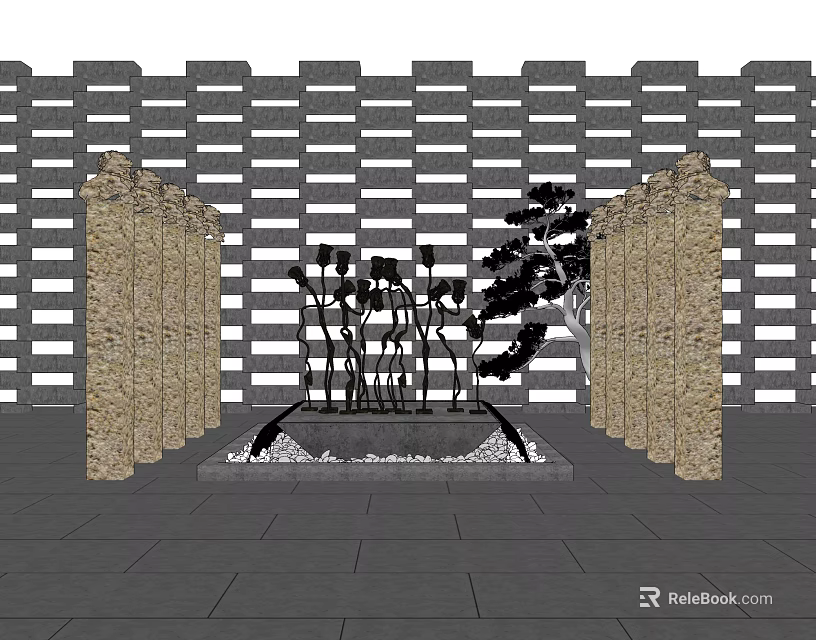 Garden Ornament Design With Stone Pillars Water Feature Plant Sculptures Shaped Tree And Lattice Wall 3d model 