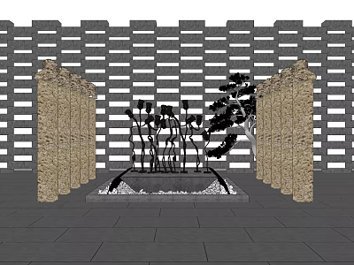 Garden Ornament Design With Stone Pillars Water Feature Plant Sculptures Shaped Tree And Lattice Wall 3d model