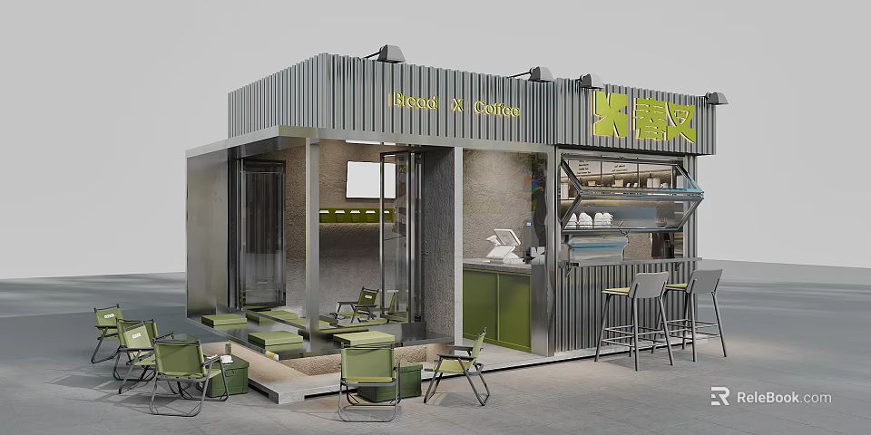 Modern Cafe Exterior And Interior With Metal Structure Green Cabinets And Outdoor Seating 3d model 