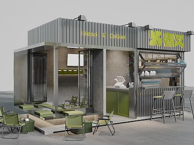 Modern Cafe Exterior And Interior With Metal Structure Green Cabinets And Outdoor Seating 3d model