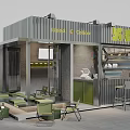 Modern Cafe Exterior And Interior With Metal Structure Green Cabinets And Outdoor Seating