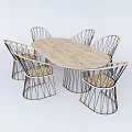 Modern Dining Table Set With Wire Frame Chairs And Wooden Tabletop Design 3d model
