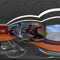 Car Dealership Showroom With Orange Sports Car Marvel Murals Red Blue Walls And Green Plant
