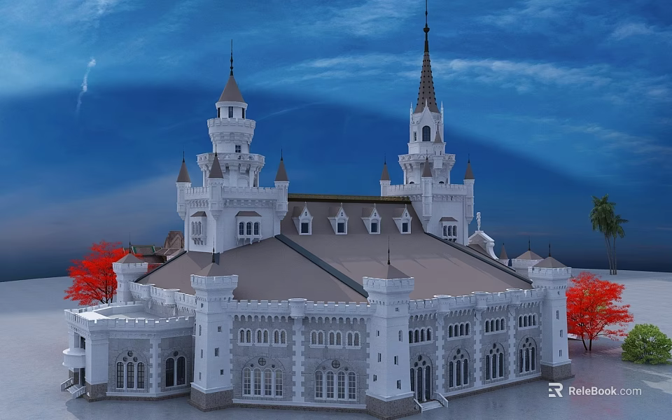 Ancient White Building With Spires Towers Arched Windows And Red Trees Under Blue Sky 3d model 