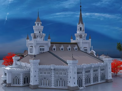 Ancient White Building With Spires Towers Arched Windows And Red Trees Under Blue Sky 3d model