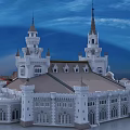 Ancient White Building With Spires Towers Arched Windows And Red Trees Under Blue Sky