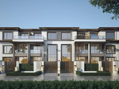 Modern Townhouse Exterior With Large Windows Balconies Greenery And Entry Gates 3d model