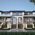 Modern Townhouse Exterior With Large Windows Balconies Greenery And Entry Gates
