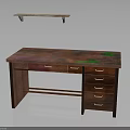 Wooden Desk With Colorful Patterned Top Drawers And Floating Wall Shelf