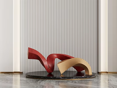 Modern Red and Wooden Sculpture with Black Base on Marble Floor against Gray Striped Wall 3d model