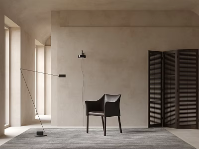 Modern Single Chair In Minimalist Interior With Floor Lamp Beige Wall And Gray Rug 3d model