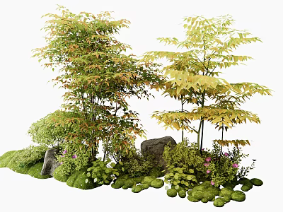 Lush Bamboo Plants With Green And Yellow Leaves Stones Moss And Small Flowers 3d model