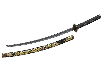 Traditional Japanese Katana Weapon With Black Handle And Golden Patterned Scabbard 3d model