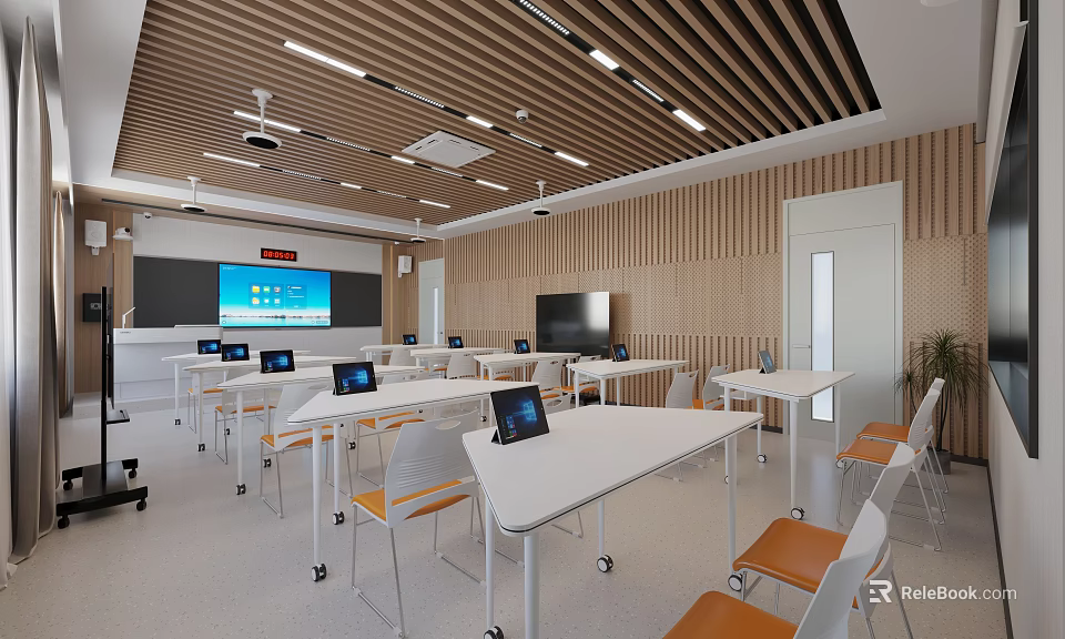 Modern Classroom With Wooden Walls White Tables Tablets Large Screen Projector And Ceiling Lighting 3d model 