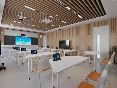 Modern Classroom With Wooden Walls White Tables Tablets Large Screen Projector And Ceiling Lighting 3d model