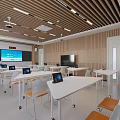 Modern Classroom With Wooden Walls White Tables Tablets Large Screen Projector And Ceiling Lighting