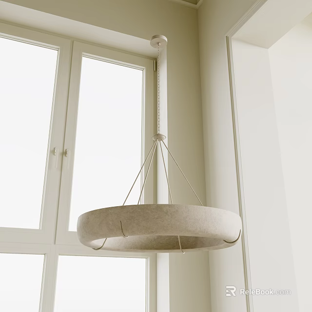 Round Beige Fabric Pendant Light Hanging with Ropes in Bright Room Near Window White Walls 3d model 