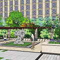 Park Landscape With Green And Red Trees People Walking Stone Sculpture And Building Background