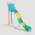 Colorful Kids Playground Slide With Green Yellow Chute Red Ladder And Blue Mesh Top