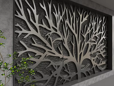 Modern Laser Cut Tree Branch Design Metal Background Wall With Green Plants 3d model