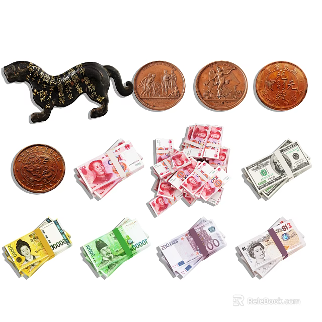 Vintage Decorative Ornament Set with Tiger Figurine Ancient Coins and Various National Banknotes 3d model 