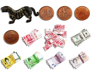 Vintage Decorative Ornament Set with Tiger Figurine Ancient Coins and Various National Banknotes 3d model