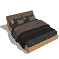 Modern Double Bed Interior Design With Beige Headboard Dark Bedding And Pillows 3d model
