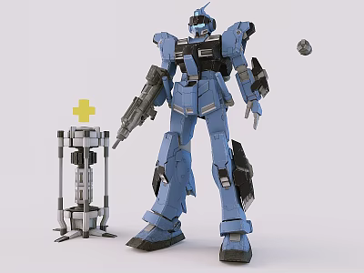 Blue Robot Model With Weapon Accessory Yellow Cross And Small Sphere 3d model