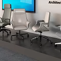 Five Modern Office Chairs In Different Designs Showcased With Large Screen Backdrop