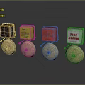 Classic Fire Alarm Devices With Multicolored Cases And Shiny Metal Bells