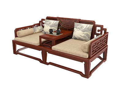 Traditional Luohan Bed With Wooden Frame Carved Design Cushioned Seats And Tea Table 3d model