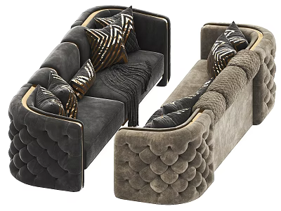 Gray And Beige Multi Seater Sofas With Patterned Pillows And Tufted Design 3d model