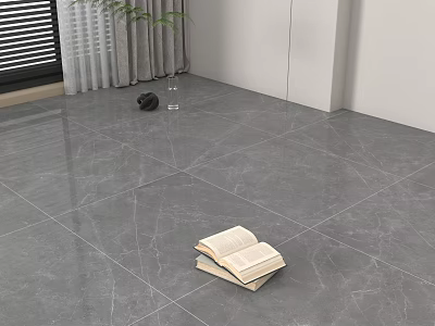Gray Marble Pattern Floor Tiles Featuring Stack of Open Books and Window Curtains 3d model