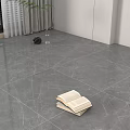 Gray Marble Pattern Floor Tiles Featuring Stack of Open Books and Window Curtains 3d model