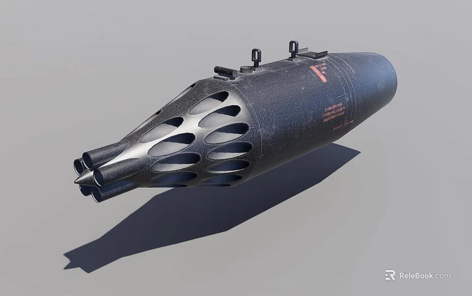 Black Perforated Cylindrical Weapon With Metal Components And Red Markings 3d model 