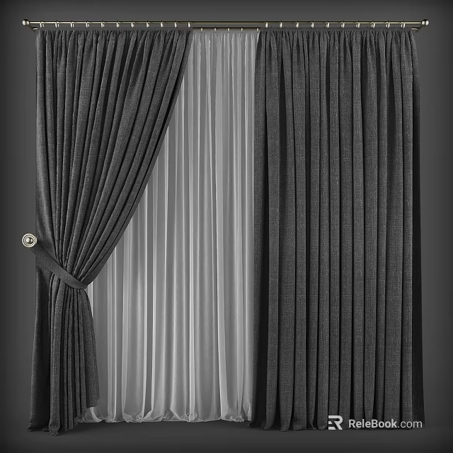 Dark Gray Textured Curtains With Sheer Layer And Tieback Open Design 3d model