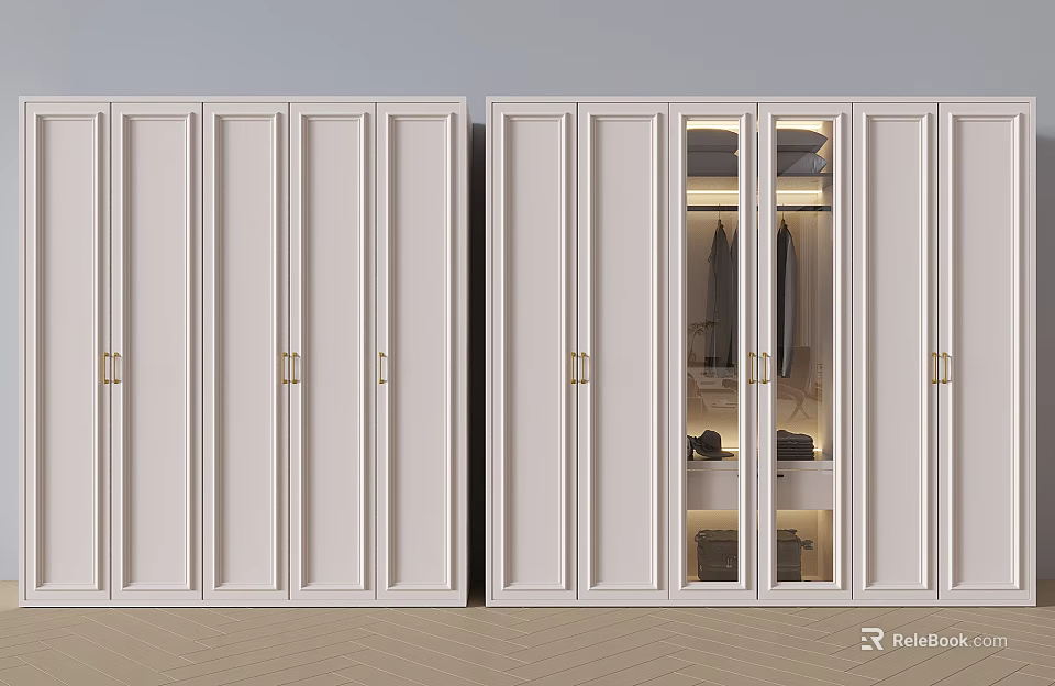 Modern White Wardrobe Design With Gold Handles Glass Doors And Clothes Storage Shelves 3d model 
