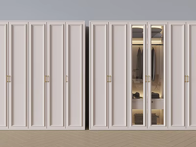 Modern White Wardrobe Design With Gold Handles Glass Doors And Clothes Storage Shelves 3d model