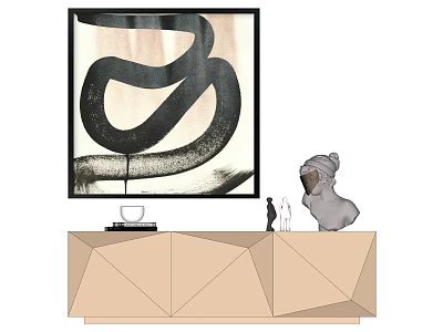 Geometric Beige Cabinet With Abstract Painting Cup Books And Figurines 3d model