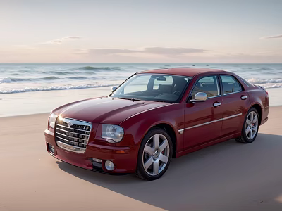 Red Sedan Parked On Scenic Sandy Beach With Ocean Waves And Sunset Sky 3d model