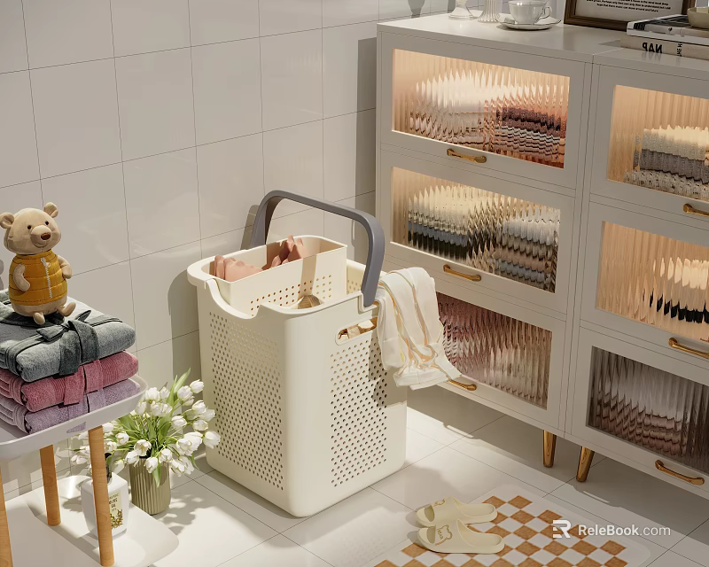 Bathroom Essentials Including Laundry Basket And Towel Cabinet 3d model