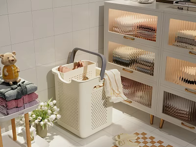 Bathroom Essentials Including Laundry Basket And Towel Cabinet 3d model