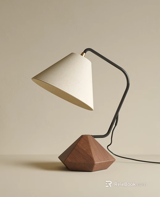 Modern Table Lamp With White Cone Fabric Shade Black Metal Stand And Wooden Base 3d model 