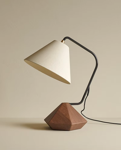 Modern Table Lamp With White Cone Fabric Shade Black Metal Stand And Wooden Base 3d model