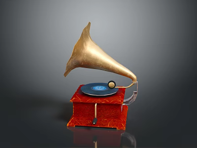 Classic Vintage Gramophone With Golden Horn Red Base And Black Record 3d model