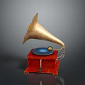 Classic Vintage Gramophone With Golden Horn Red Base And Black Record