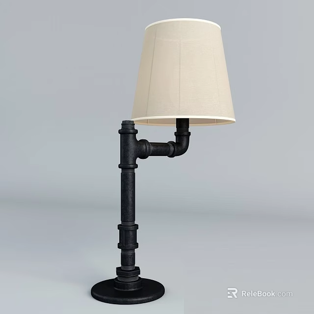 Industrial Style Table Lamp With Black Pipe Base And Beige Fabric Shade For Home Decor 3d model 