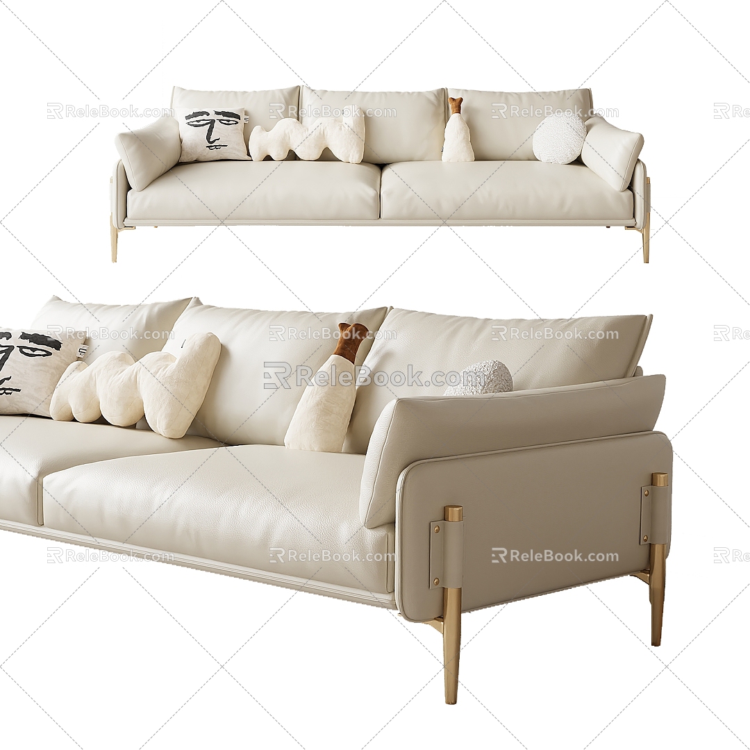 Modern double sofa cream multiplayer sofa 3d model