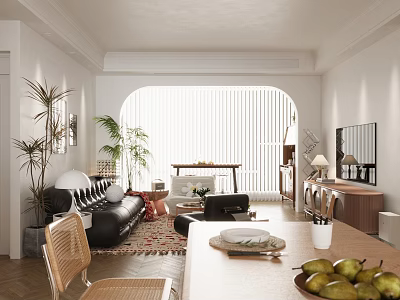 Modern Open Living Dining Interior With Sofa Dining Table Plants And Large Window 3d model